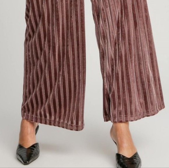 Umgee Velvet High-Rise Retro Pants Wide Leg Boho Metallic Stripe Elastic Waist - Picture 9 of 12